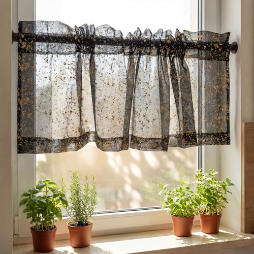 "Horaldaily Black Sheer Valance Curtains for Living Room and Bedroom, Gold Sequin Glitter Metallic Foil, Scenery Light Filtering Window Curtains, 52"" W x 14"" L, Set of 2 Curtain Panels"