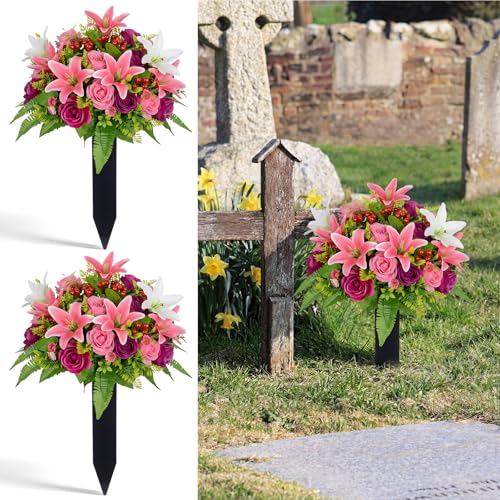 Frienda 2 Pcs Memorial Grave Markers Grave Memorial Flowers Decorations Cemetery Flower Arrangement Garden Stakes Iron Gravesite Plaque Stake Waterproof Outdoors Lawn Yard Signs Gifts