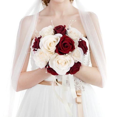 HOMENERGY Wedding Bouquets for Bride - Artificial Bridal Flowers Bouquet with Fake Peals Pre-Made Fake Rose Bridesmaid Bouquet for Wedding Centerpieces Decorations - Champagne White and Burgundy