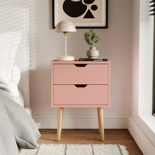 GFW Nyborg 2 Drawer Bedside Cabinet, Coral Pink Scandi Bedside Table with Wooden Legs and Cut-Out Handles