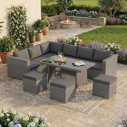 Garden Vida Belgrave 9 Seater Rattan Set With Cover - Grey - Complete Outdoor Patio Garden Table Set - Steel Frame & PE Wicker - Weather Resistant, Tempered Glass, Cushions, Sofa Set, Stools + Cover