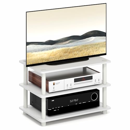 Furinno TURN-N-TUBE TV Stand, 3-Tier Corner Entertainment Center with Open Shelves, Toolless TV Console for TV up to 32 Inch, Open Back, Easy Assembly, for Living Room, Bedroom, White