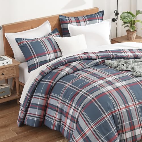 Andency Navy Plaid Comforter Set Queen, Gingham Checkered Grid Bedding Set - For Boys Girls Kids Teens as Gift, 3 Pieces Soft Lightweight Reversible Preppy Geometric Line Bed Set (90x90Inch)
