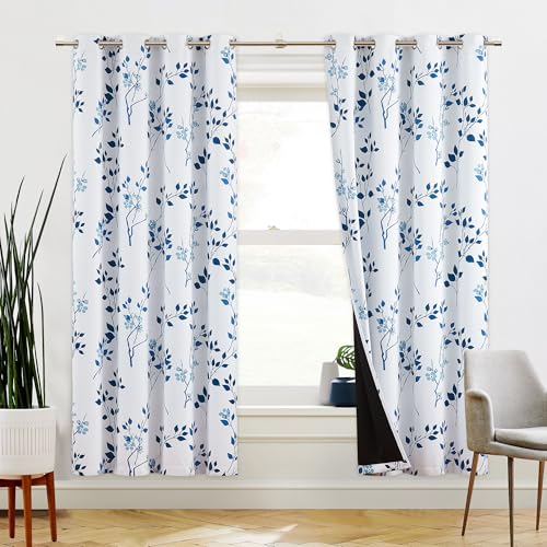 Beauoop Floral 100% Blackout Curtains 72 Inches Long 2 Panels for Bedroom Living Room Navy Blue and White Flower Patterned Room Darkening Thermal Soundproof Grommet Window Treatments Drapes, 52X72