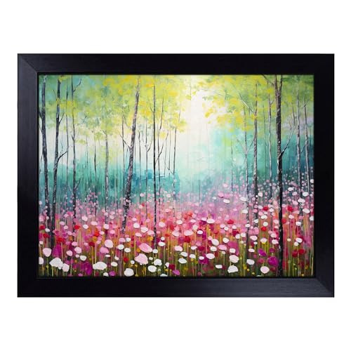 Lap Tray with Bean Bag Cushion, Spring Forest Palette Knife - Handmade in the UK, Raised Wooden Edge, Padded Cushion, Heat-Resistant Wipe-Clean Surface, for Meals, Laptops and Crafts