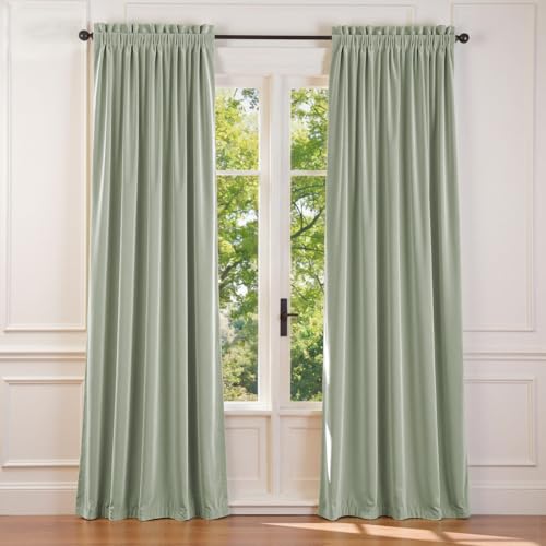 Lazzzy Green Velvet Curtains Blackout Thermal Insulated Curtains 84 Inch Long Window Drapes for Bedroom Living Room Super Soft Luxury Rod Pocket Window Treatment 2 Panels, Grey Sage