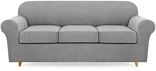 Lamberia High Stretch Sofa Cover for 3 Cushion Couch Loveseat Cover 4 Pieces Thick &Washable Plush Jacquard Sofa Slipover Couch Cover Furniture Protector for Dogs,Pets&Kids(Large,Slivergray)