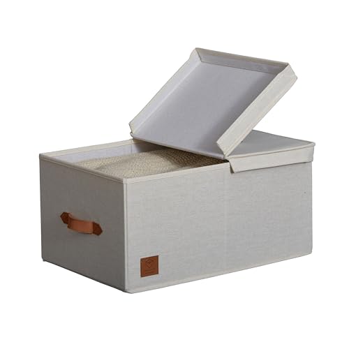 LOVE IT STORE IT Premium Storage Box with Lid - Made of Linen Cotton Fabric - Reinforced with Wood - Large and Stable - Beige - 50 x 33 x 24 cm