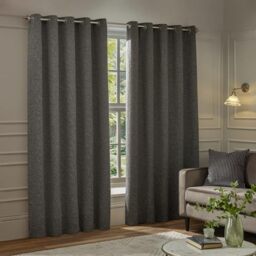 Paoletti Galaxy Eyelet Curtain Pair – Lined Room Darkening Luxury Opulent Chenille Curtains (Charcoal - 168x137cm)
