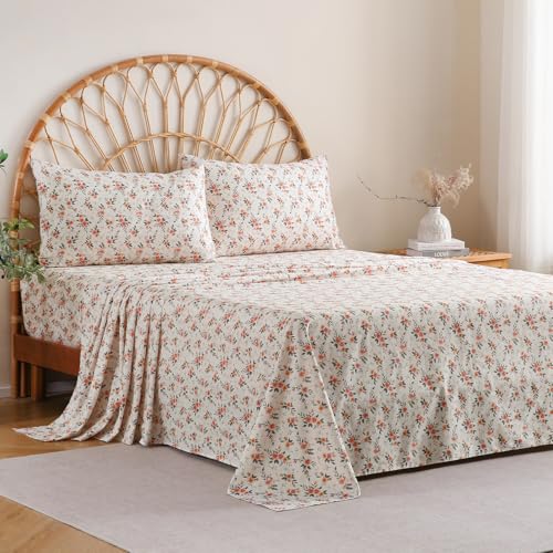 "MCO 100% Cotton Sheet Set Floral Printed, 300 Thread Count King Sheet Set Cotton, 16"" Deep Pocket, Breathable Cooling Sheets 4 Pieces (King, Yellow Floral)"