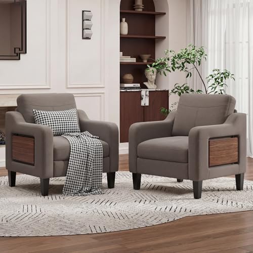Arm Chairs for Living Room Set of 1, Accent Chair with Side Storage Pocket and Foldable Table, Fabric Armchairs with Thick Cushion, Anti-slip Solid Plastic Legs Single Sofa Chair for Bedroom, Brown