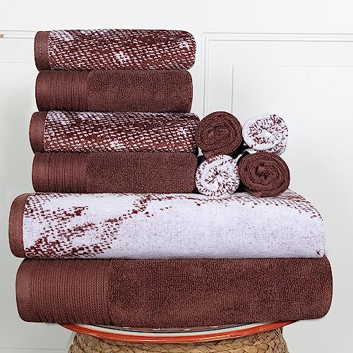 100% Cotton Marble Effect 10-Piece Towel Set, Solid and Luxurious Marble Jacquard, Super Soft, Plush and Absorbent, 2 Bath Towels, 4 Hand Towels, 4 Wash Cloths - Brown