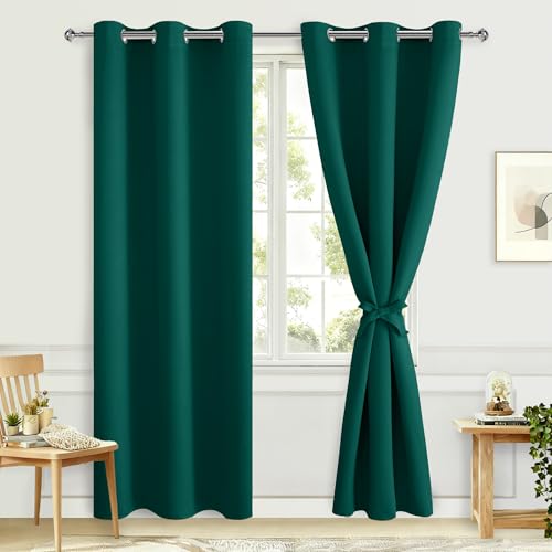 Hiasan Blackout Curtains for Bedroom, 42 x 84 Inches Long - Thermal Insulated & Energy Saving Window Curtains for Living Room, 2 Drape Panels Sewn with Tiebacks, Hunter Green