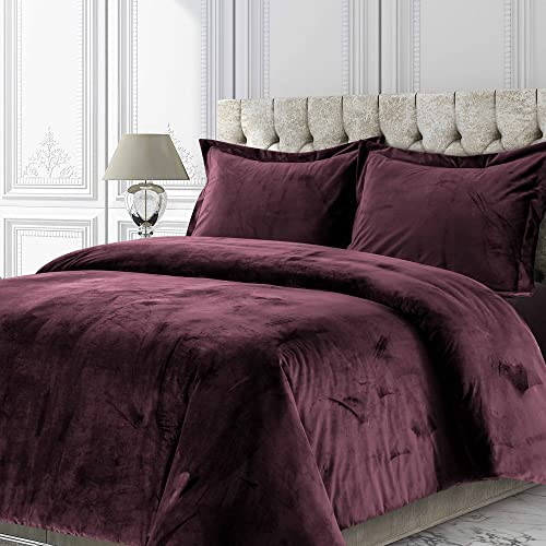 Tribeca Living Venice Velvet Oversized Duvet Set, Luxurious 2-Piece Twin Bedding, Super Soft Velvet with Hidden Button Closure, Plum