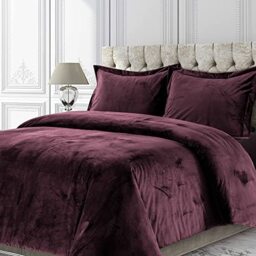 Tribeca Living Venice Velvet Oversized Duvet Set, Luxurious 2-Piece Twin Bedding, Super Soft Velvet with Hidden Button Closure, Plum
