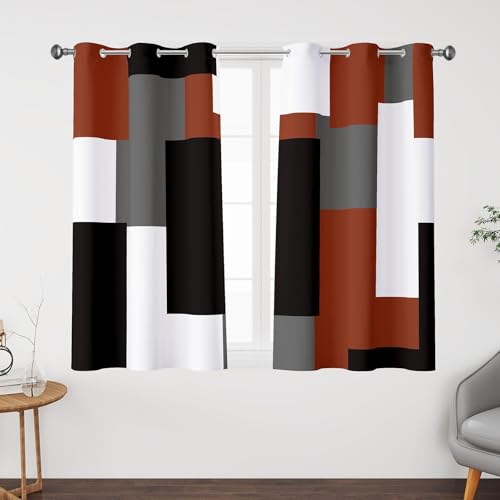 Tyrot Burnt Orange 100% Blackout Curtains for Bedroom 45 inch Length 2 Panels Set White Grey Modern Abstract Geometric Black Out Curtains Insulated Room Darkening Small Window Curtains, 42Wx45L
