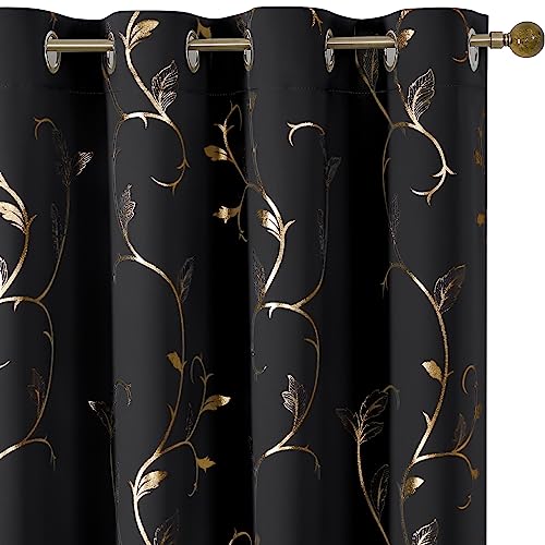 BUHUA Blackout Curtains 108 Inch Length with Gold Vine Design, Room Darkening Drapes Noise Reducing Sliding Door Curtains Thermal Insulated for Living Room 2 Panels Set, 52W??108L