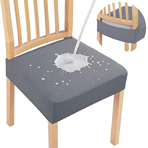 smiry Waterproof Seat Covers for Dining Room Chairs Set of 6, Stretch Jacquard Removable Washable Chair Seat Slipcovers Protector, No Rear Covers, Grey