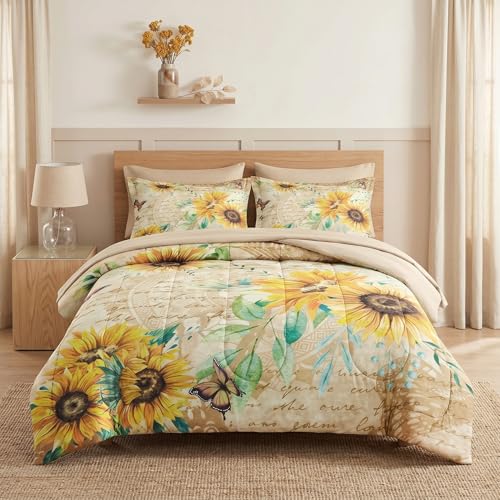 WeCozy 7 Pcs Full Size Comforter Set with 2 Pillowcases & 2 Shams, Sunflower Floral Yellow Bedding Set for Kids and Adults, Flower Rustic Thanksgiving Bed in a Bag with Flat Sheet and Fitted Sheet