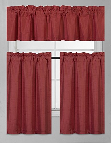 Fancy Collection 3 Pieces Faux Silk Blackout Kitchen Curtain Set - Tier Curtains and Valance Solid Burgundy Window Thermal Backing Drapes New