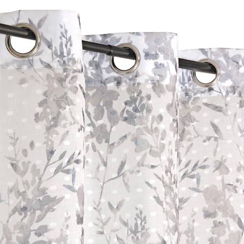 Atout Ciel Grey & White Printed Feather Eyelet Curtains 135 x 240 cm Ready to Hang