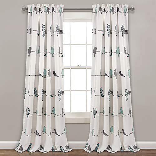"Lush Decor Rowley Birds Light Filtering Window Curtain Panels, Pair, 52"" W x 84"" L, Blue & Gray - Colorful Floral Print - Whimsical & Playful Bird Curtains For Bedroom, Living Room, Or Dining Room"