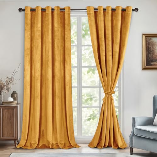 DWCN Velvet Curtains Extra Wide - Gold Room Darkening Privacy Protect Window Treatments Thick Grommet Tieable Privacy Drapes for Bedroom Living Room Home Decor, Gold, W60 x L84, 2 Panels