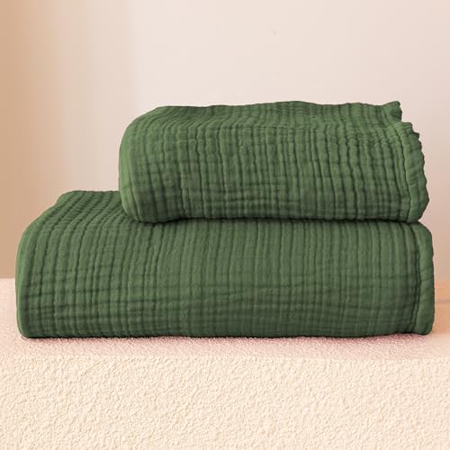 Viva Maison - Muslin Towels for Adult Bath, Thin Towels for Bathroom, Soft, Quick-Dry, Lint-Free, Large Size 32x67 Inch (Green, 1 Bath & 1 Hand Towel Set)