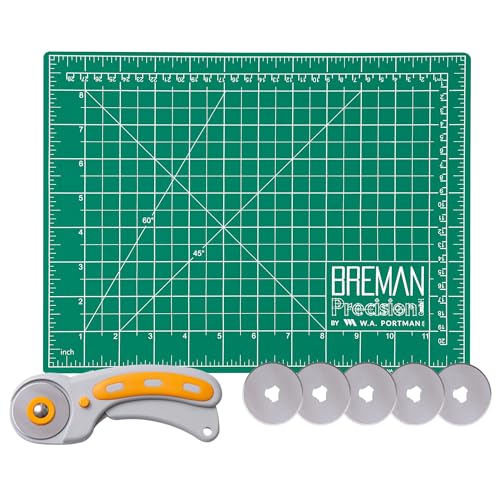W.A. Portman 9x12 Inch Rotary Cutter Mat and Set - 45mm Rotary Cutter, 5 Extra Blades, Non-Slip, Reversible, Green PVC Mat, Ideal for Sewing, Quilting, Crafting