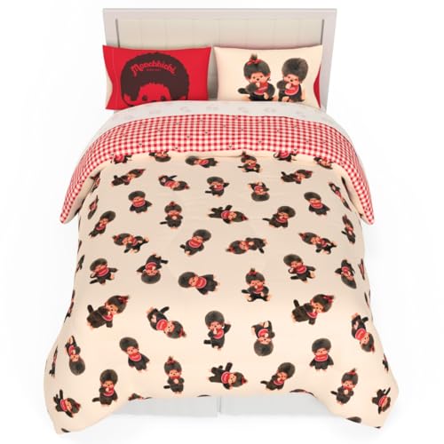 Monchhichi Bedding 7 Piece Queen Duvet Cover Set, Soft and Comfortable, Reversible Bedding Set with Pillow Sham, Officially Licensed Product Franco