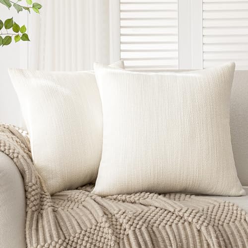Foindtower Set of 2 Decorative Textured Burlap Linen Throw Pillow Covers Farmhouse Boho Cushion Cover Solid Accent Pillowcase for Couch Sofa Bed Living Room Home Decor,18??18 Inch,Cream White