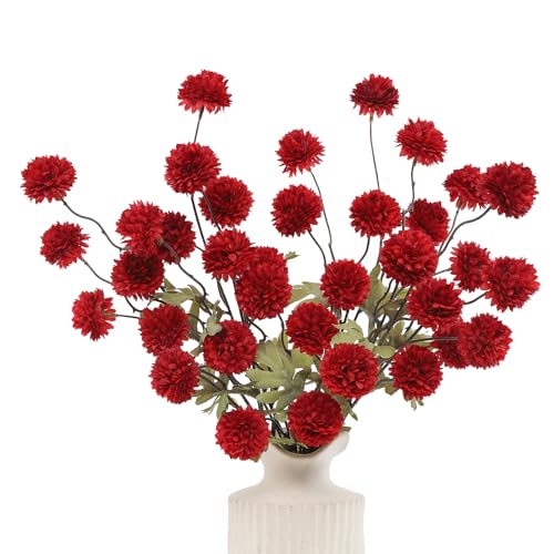 DuHouse 6pcs Artificial Flowers Faux Silk Pompon Mum,Silk Small Mini Chrysanthemum Ball with Stems for DIY Bouquets Centerpieces Vase Home Table Kitchen Decorations(Red)