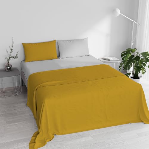 Double Bed Sheet Set, 100% Natural Cotton, Made in Italy – Complete Bed Set, Fitted Sheet, Top Sheet 240 x 300 cm and Pillowcases with Inner Flap, Mustard/Light Grey
