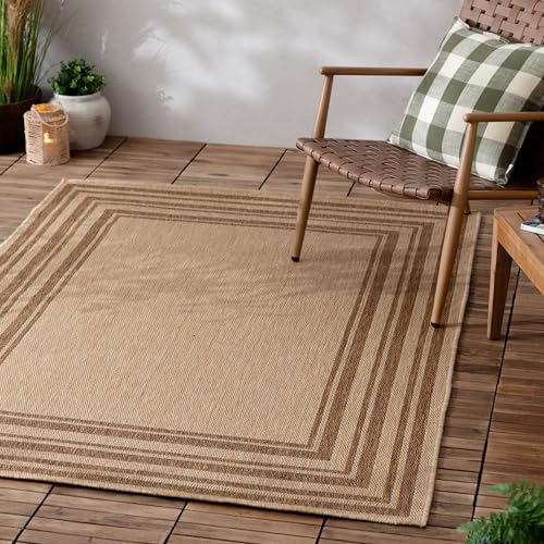 Yard Furn Camber Jute Effect Indoor/Outdoor Rug – Striped Border Natural Weave (Natural – 140x170cm)