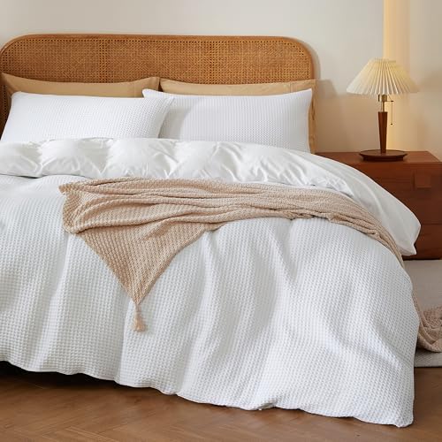 "100% Egyptian Cotton Duvet Cover Set King Size, Waffle Weave Duvet Cover, 600 TC Soft Breathable Luxury Textured Bedding Set for All Season, 3 PCS, 1 Duvet Cover and 2 Pillowcases, White, 104""x90"""
