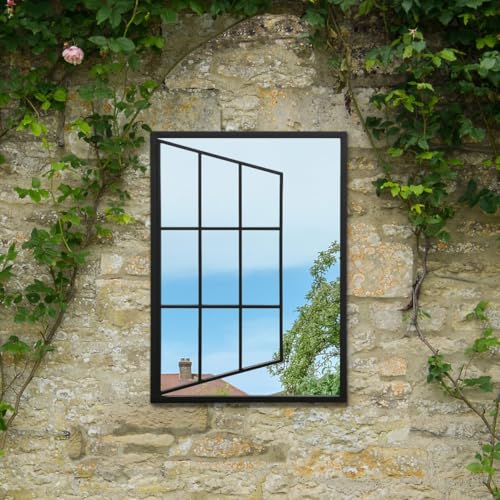 "MirrorOutlet The Typis - Black Metal Frame Open Window Effect Garden Wall Mirror 31"" x 23"" (80CM X 58CM) Silver Mirror Glass with Black Frame"