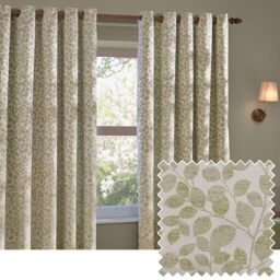 furn. Wylder Grace Leaf Eyelet Curtain Pair – Matt Satin Jacquard Room Darkening Curtains (Sage – Width 229 x Drop 229cm)