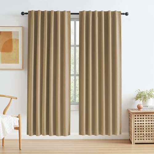 KEQIAOSUOCAI Camel Linen Blackout Curtains 80 Inches Long, Back Tab Rod Pocket Hook Belt Natural Burlap Farmhouse Rustic Curtain Panels for Bedroom, 2 Panels,Tan Brown, W50 x L80