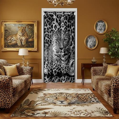 "Castle Fairy Wild Animal Door Doorway Curtain,Tropical Africa Rustic Animal Cheetah Blackout Curtain,3D Leopard Print Door Drape for Partition Privacy Shading Decor,52"" W X 80"" L"