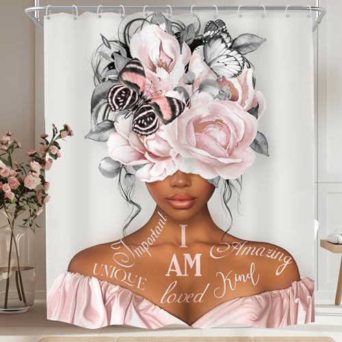 MESHELLY Black Girl Shower Curtain 60Wx72H Gray Pink Shower Curtain Peony Floral African American Motivational Quotes Bathroom Curtain Grey Butterfly Fabric Bathroom Accessories Decor with 12 Hooks