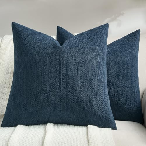 FUTEI Pack of 2 Solid Chenille Throw Pillow Covers 16x16 Inch Soft Farmhouse Decorative Accent Cushion Cases Modern Home Decor for Couch Living Room, Navy Blue