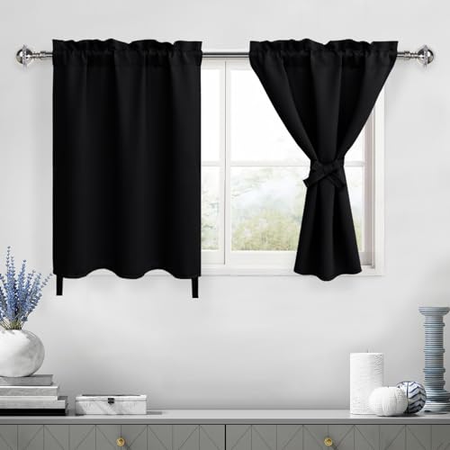 DWCN Black Blackout Curtains for Living Room, Bedroom, Small Window - 34 by 24 Inch Short Thermal Curtains for Cafe, Boys Room, Kitchen, Basement - 1 Pair