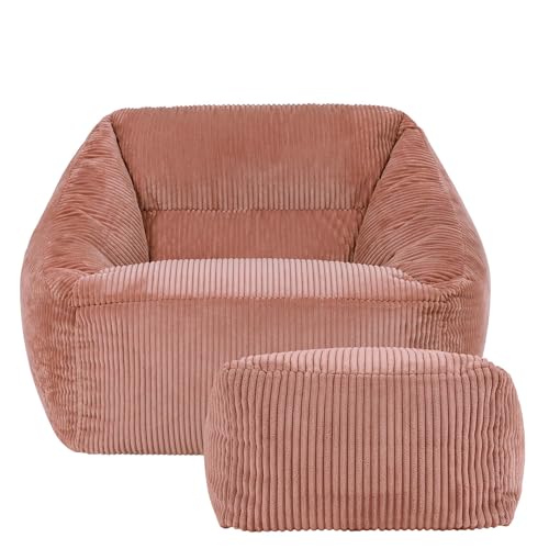 icon Natalia Cord Bean Bag Chair with Footstool, Dawn Pink, Large Adult Bean Bag with Filling Included, Comfy Chair, Armchair, Living Room, Bedroom Furniture