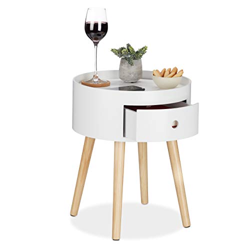 Relaxdays Round Side Table with Drawer, Wooden Legs, Scandinavian Design, Minimalistic, HxD 46 x 38 cm, White/Natural