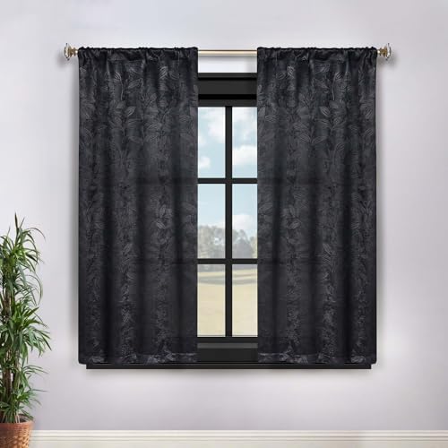 "Superior Semi Blackout Curtains - Modern Leaves - 36"" x 63"" - Rod Pocket Header - Thermal Insulated, Sun Blocking & Room Darkening Drapes for Bedroom, Living Room - Set of 2 Panels - Black"