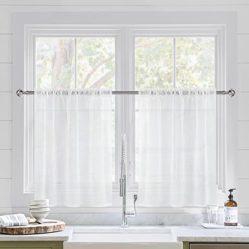 DWCN White Sheer Curtains for Kitchen Windows - Rod Pocket Semi Transparent Voile Tier Curtains for Bedroom, Living Room, Farmhouse, 52 x 36 inches Long, Set of 2 Panels