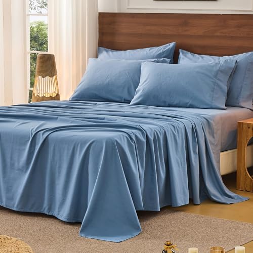 Bedlifes 100% French Pure Linen Sheets King Size Breathable and Cooling Flax Sheet Set Soft Durable and Moisture Wicking 16 Inch Deep Pocket-4 Piece(King,Flint Blue)