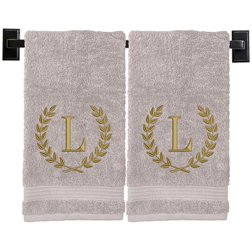 Custom Luxury Towels Monogrammed Hand Towels for Bathroom - Set of 2 - Genuine Turkish Towels - Choose Towel and Thread Color - A - Z - Monogrammed Towels with Embroidered Wheat Laurel Design