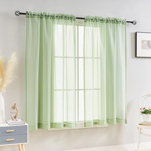 "MYSTIC-HOME Sheer Curtains Sage Green 63 Inch Length, Rod Pocket Voile Drapes Treatments Semi Crinkle Curtain Panels for Yard, Villa, Parlor, Set of 2, Sage Green, 52"" Wx63 L"