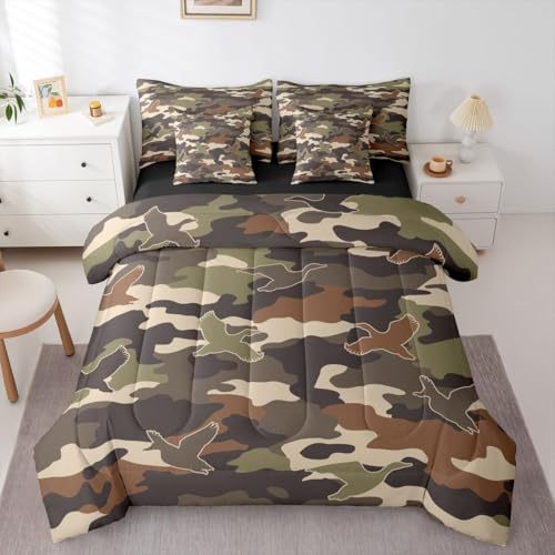 Erosebridal 3D Duck 7 Piece Bedding Set Full Camo Camouflage Comforter Set with Sheets Green Dark Wildlife Bed in a Bag Flying Animals Hunting Bed Sets Comforter
